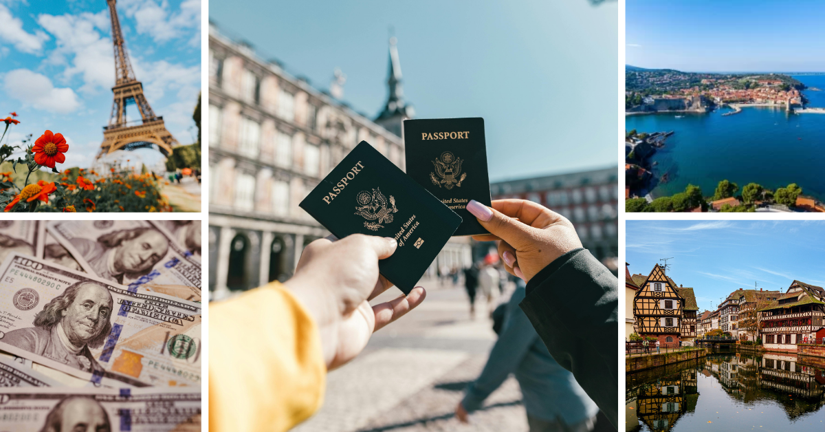 Collage of US dollars with passports in front of European cities, symbolizing budget travel tips and affordable international destinations.